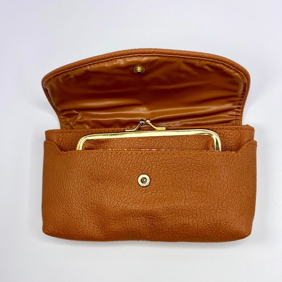 Vintage Tapestry Wallet Faux Brown Leather Complete‎ Set Kiss Clasp Coin Key Fob - Picture 3 of 10